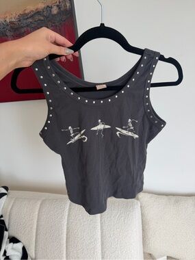 Stud-Trim Skeleton Surf Illustration Tank Top